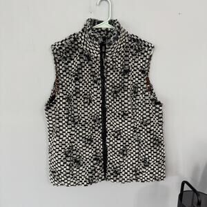 Erin London Womens Vest Soft Faux Fur Checkered & Satin Lined Pockets Size Large